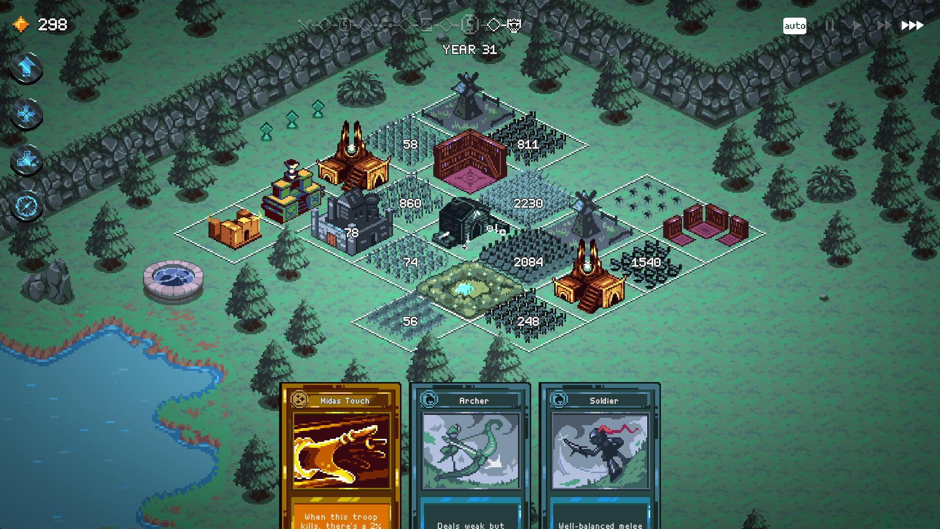 Tabuleiro de 9 Kings com construções e unidades organizadas em uma grade antes do combate