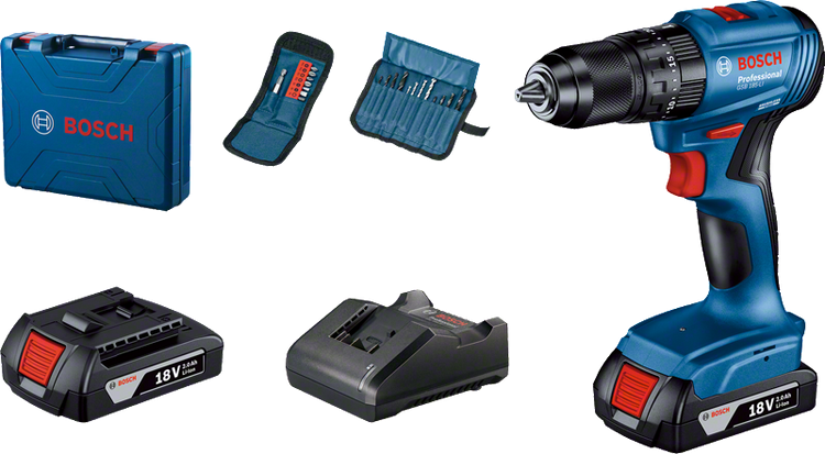 Furadeira e parafusadeira Bosch GSB 185-LI com maleta, brocas, bits, carregador e bateria