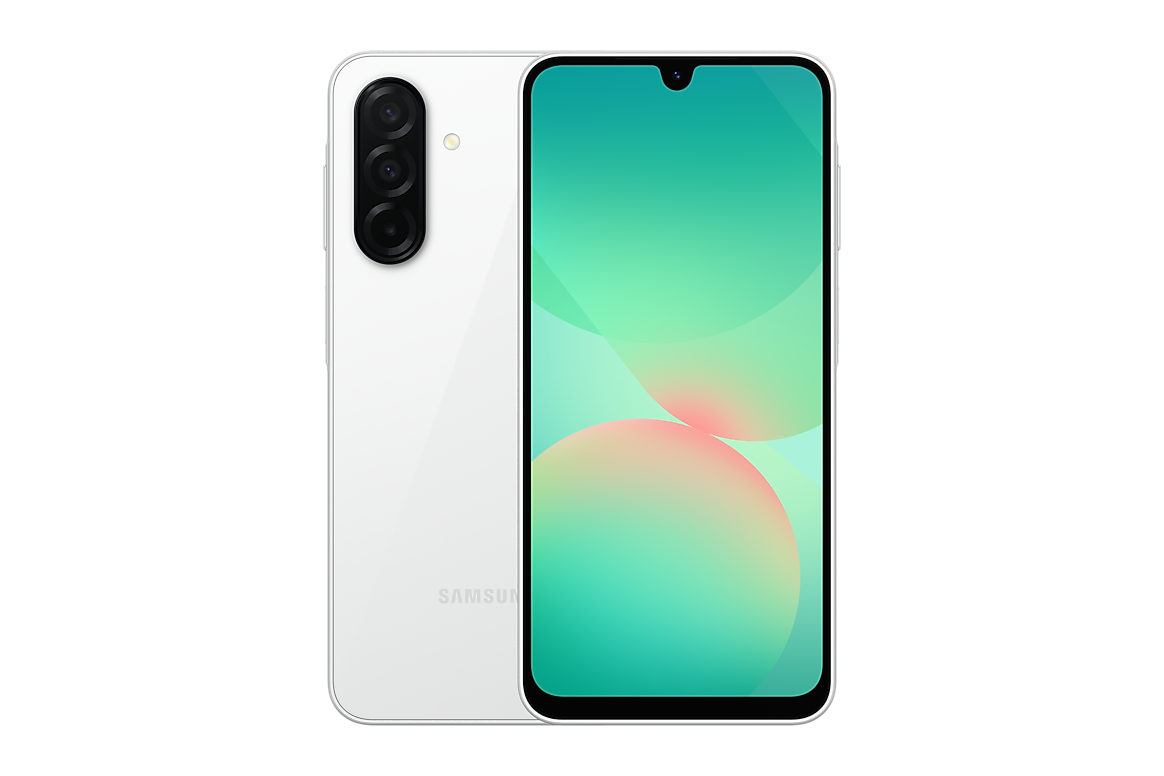 Galaxy A26 5G branco visto pela frente e por trás