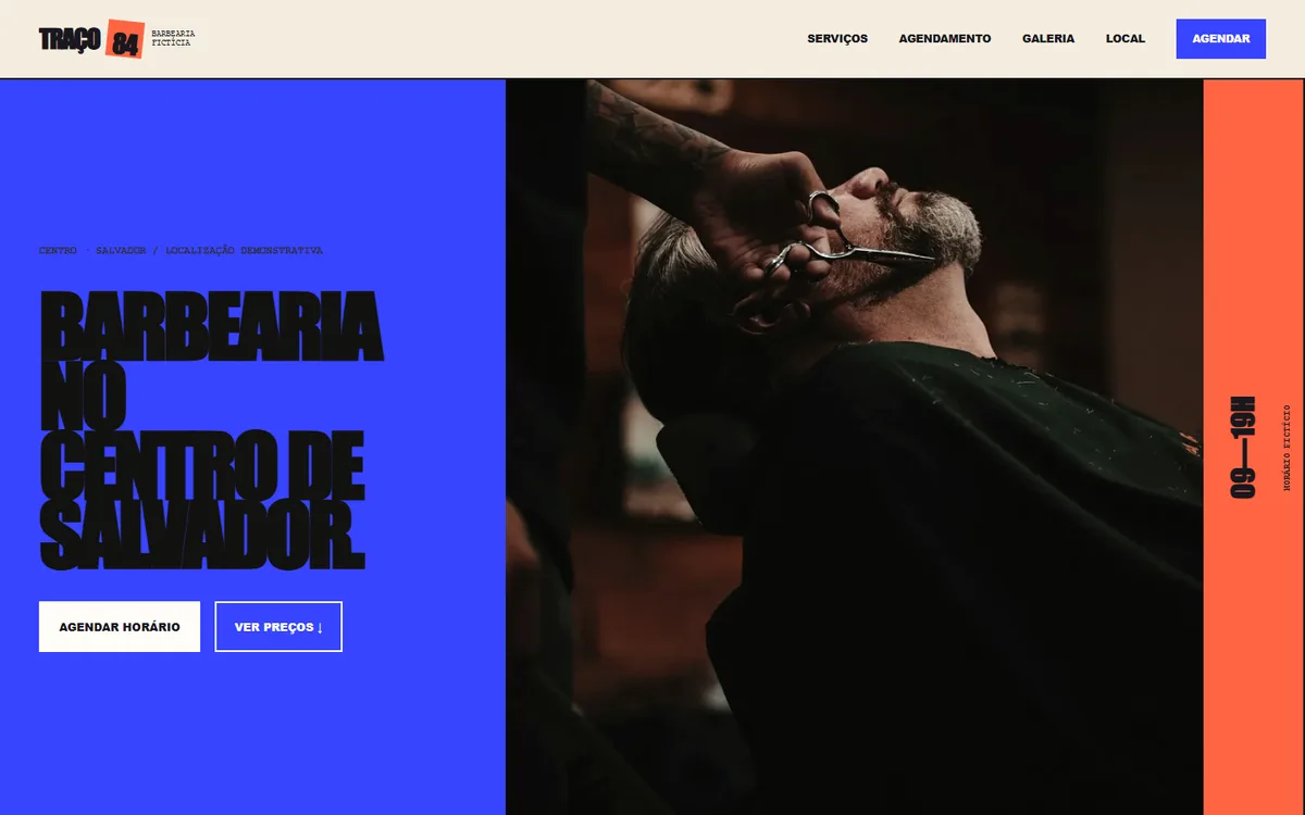 Prévia do site demonstrativo de barbearia Traço 84, negócio fictício.