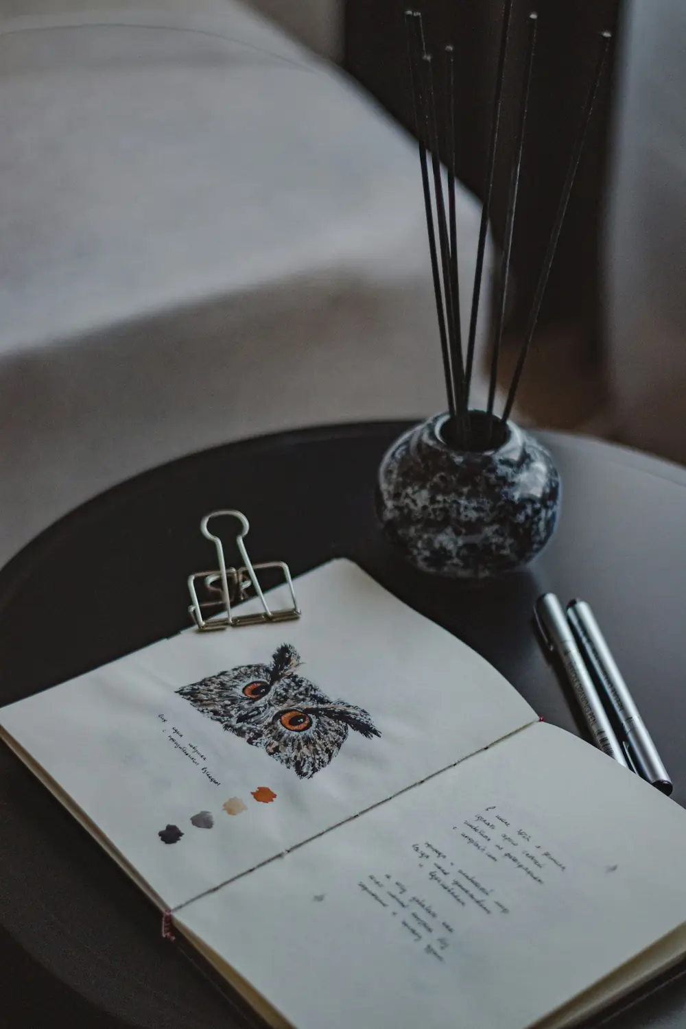 Caderno aberto com ilustração detalhada de uma coruja sobre uma mesa.