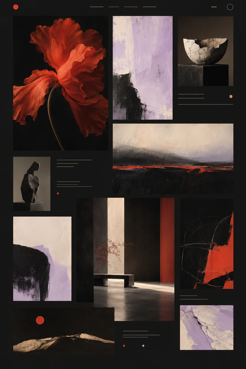 Referência visual de uma galeria virtual com obras coloridas em destaque sobre uma interface clara.