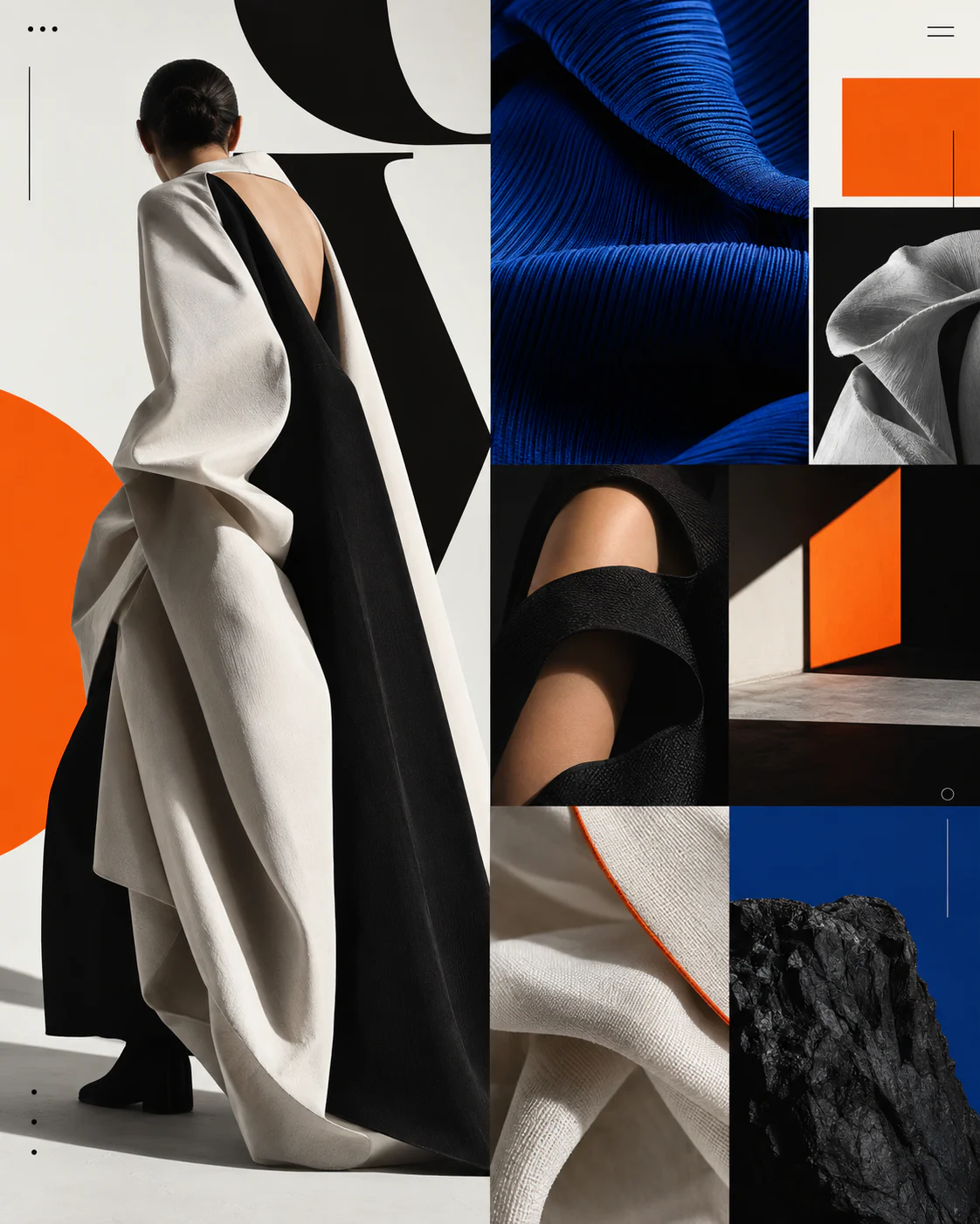 Referência visual de um lookbook independente com formas escultóricas, tecidos e cores intensas.
