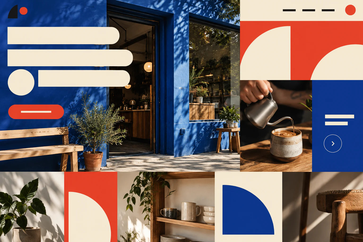 Referência visual de um site para negócio local com cores intensas, fotografia e acesso rápido ao agendamento.