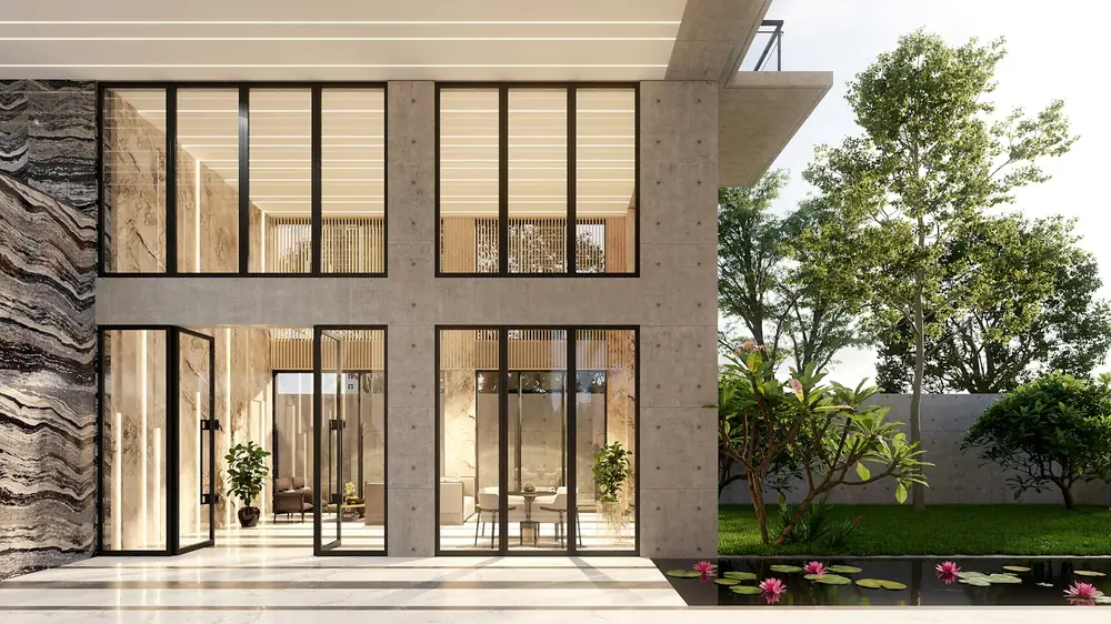Fachada contemporânea com concreto, grandes janelas, jardim e espelho d'água.