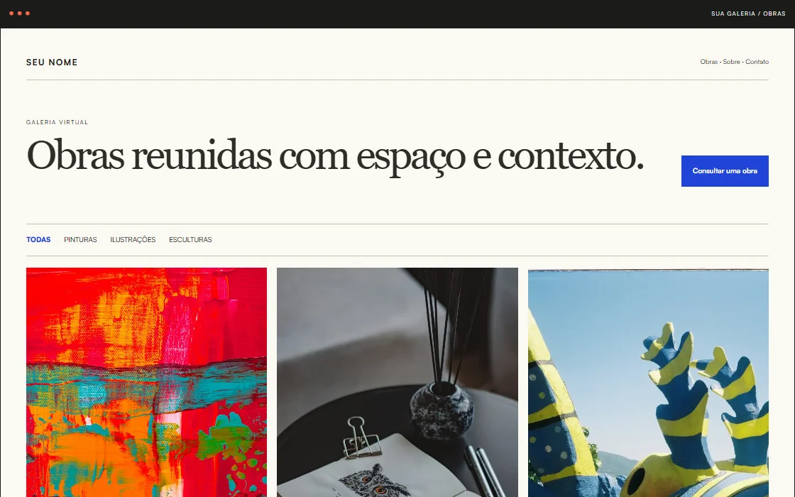 Captura do estudo de galeria, com nome do artista e imagens ilustrativas de obras.