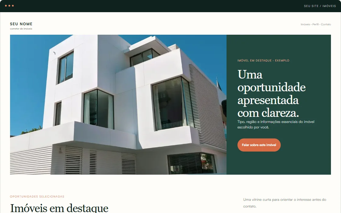 Captura do estudo de site imobiliário, com imóvel ilustrativo em destaque e informações ao lado.