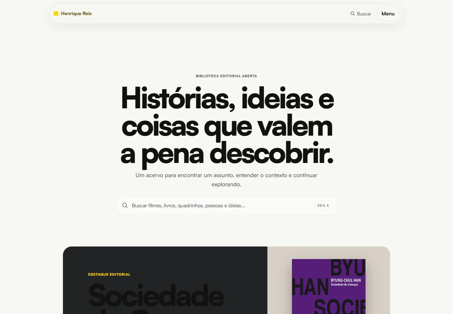 Captura da home de henrique.dog, com busca e entradas para o acervo.